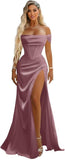 Off Shoulder Mermaid Prom Dresses with Slit 2027 Long Satin Pleated Formal Dress for Women Evening Party