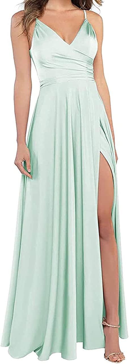 Lange Brautjungfernkleider für Frauen, formelle Satin-Spaghettiträger, Abschlussball- und Abendkleider 