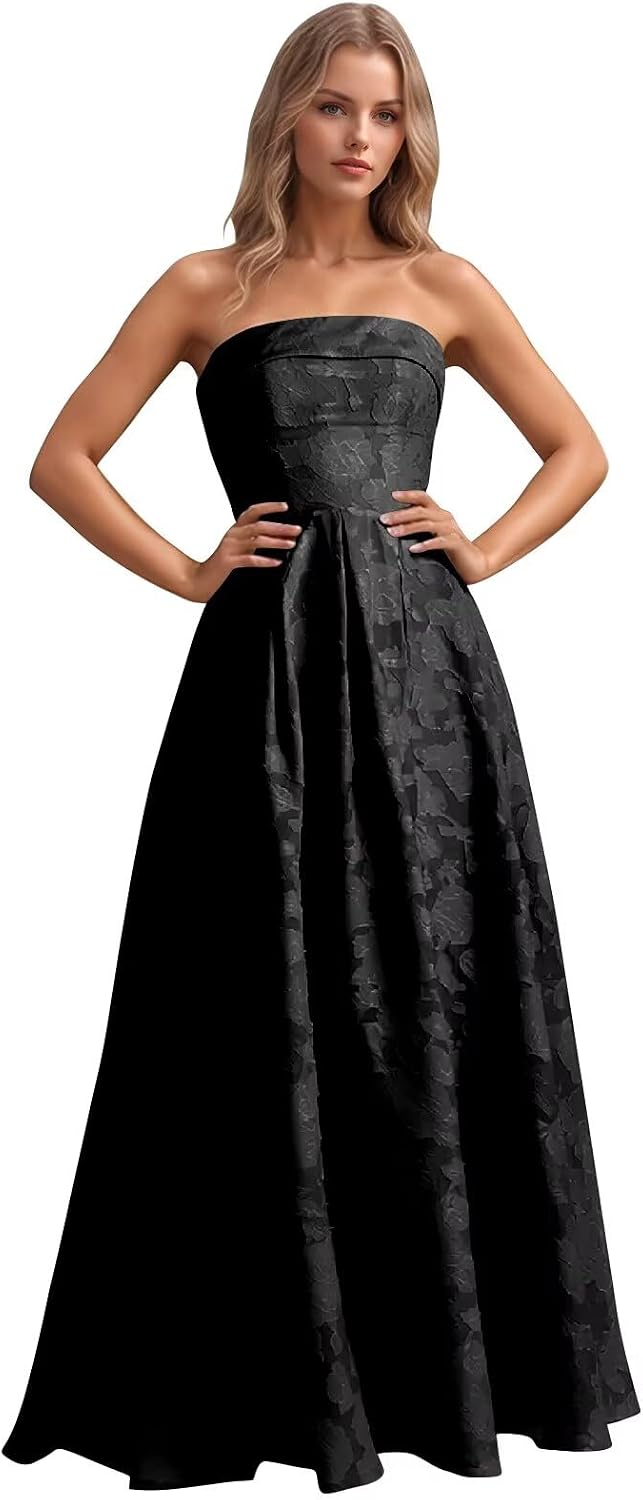 Jacquard Floral Prom Dresses Strapless Maxi Evening Gowns A-Line Ruched Formal Party Dress Elegant