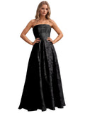 Jacquard Floral Prom Dresses Strapless Maxi Evening Gowns A-Line Ruched Formal Party Dress Elegant