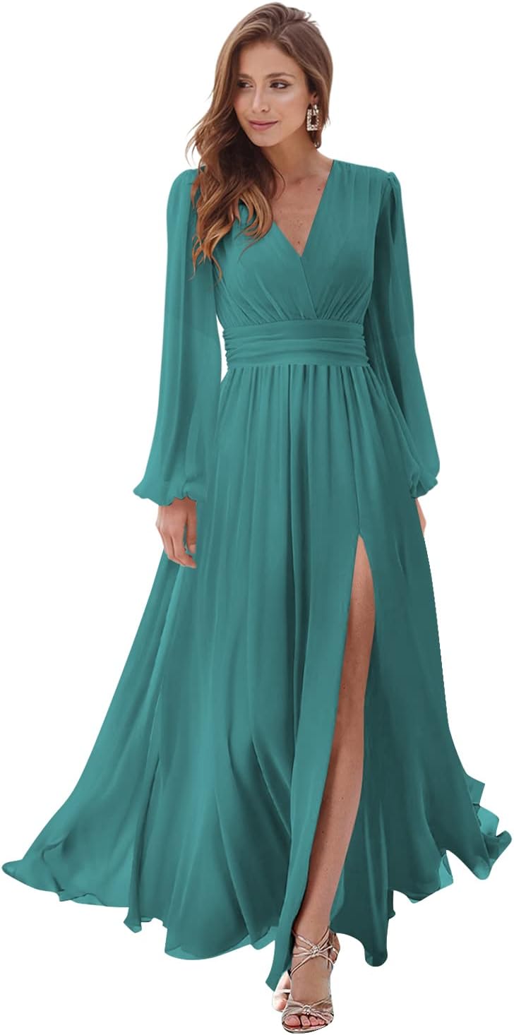 Women's Long Sleeve Bridesmaid Dresses with Slit V Neck A Line Chiffon Formal Evening Gowns with Pockets Mother of the Bride Gowns