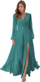 Women's Long Sleeve Bridesmaid Dresses with Slit V Neck A Line Chiffon Formal Evening Gowns with Pockets Mother of the Bride Gowns