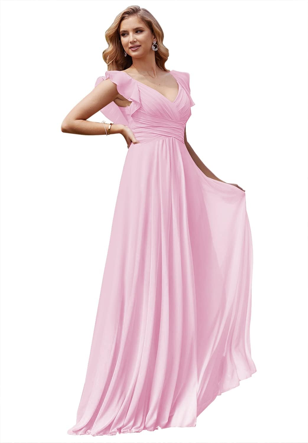Women's V Neck Ruffle Chiffon Bridesmaid Dresses Long with Pockets Ruched Formal Dresses
