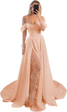 Off Shoulder Satin Wedding Dresses Lace Long Sleeve Prom Dresses Corset A-Line Ball Gowns with Slit