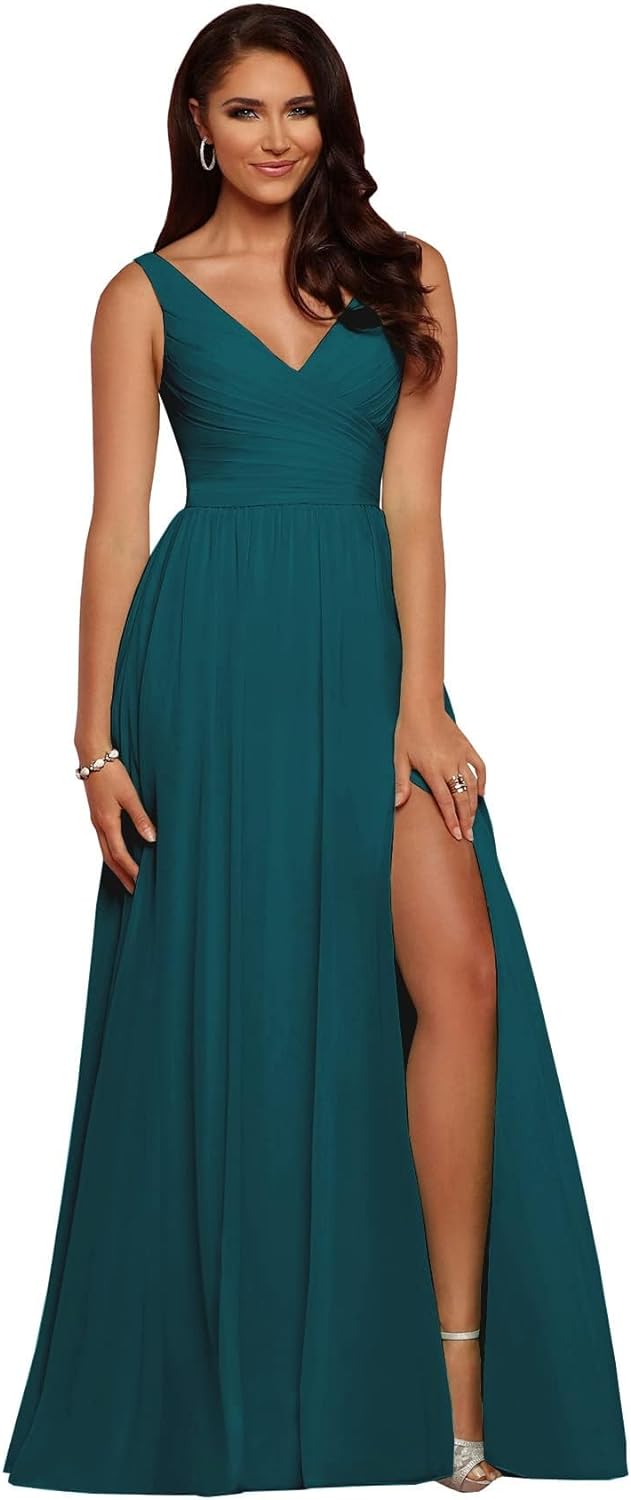 Vestidos de dama de honor largos con escote en V y abertura en gasa, corte A, plisados, para noche, fiesta formal