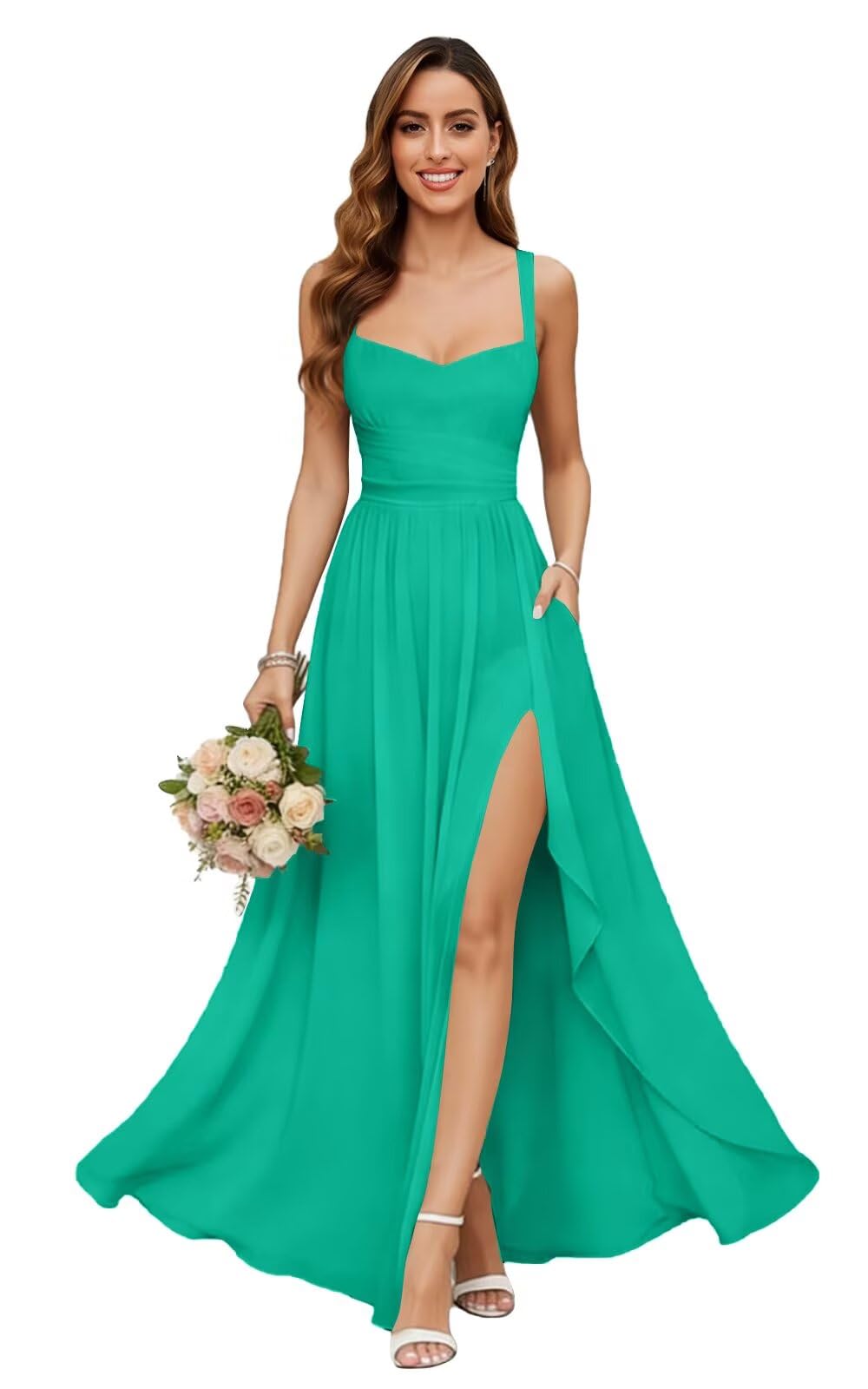 Chiffon Bridesmaid Dresses for Women Long Spaghetti Straps A-line Pleated Formal Evening Party Gowns with Pockets
