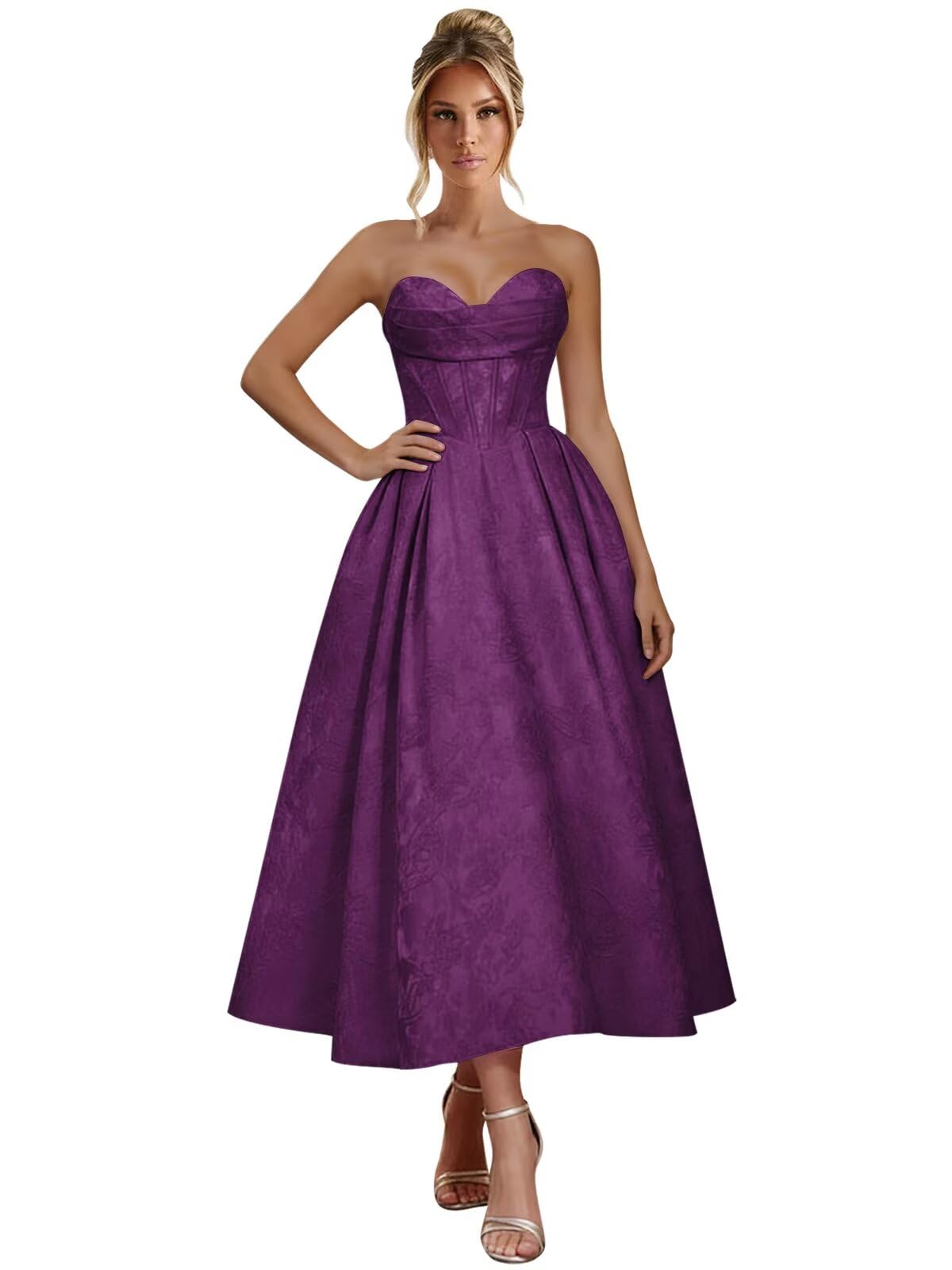 Jacquard Satin Prom Dresses for Women Strapless Tea Length Sweetheart Neck A-line Formal Party Dress with Pockets