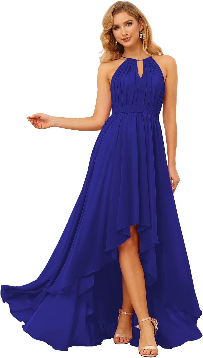 Damen Neckholder Brautjungfernkleider Lang mit Taschen High-Low Falten Formelles Kleid für Hochzeit 