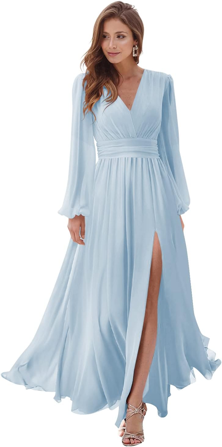 Women's Long Sleeve Bridesmaid Dresses with Slit V Neck A Line Chiffon Formal Evening Gowns with Pockets Mother of the Bride Gowns