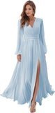 Women's Long Sleeve Bridesmaid Dresses with Slit V Neck A Line Chiffon Formal Evening Gowns with Pockets Mother of the Bride Gowns