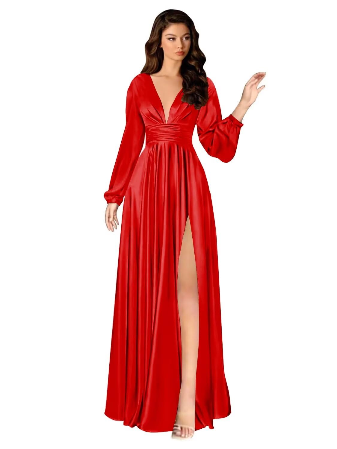 Kingbridal Gowns Long Sleeve Satin Bridesmaid Dresses for Women Long A-Line V-Neck Pleated Formal Evening Party Ball Gown with Slit