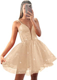 Glitter Tulle Homecoming Dresses for Teens Spaghetti V Neck Short Prom Dresses A Line Mini Cocktail Party Gowns