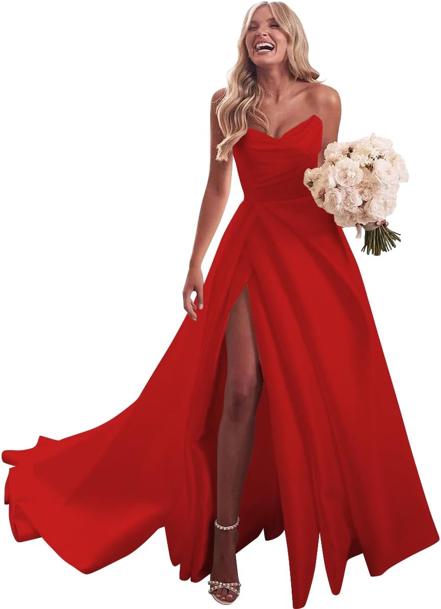Strapless Satin Prom Wedding Dresses with Slit Long Pleats Formal Ball Bridal Gowns with Pockets