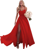 Strapless Satin Prom Wedding Dresses with Slit Long Pleats Formal Ball Bridal Gowns with Pockets