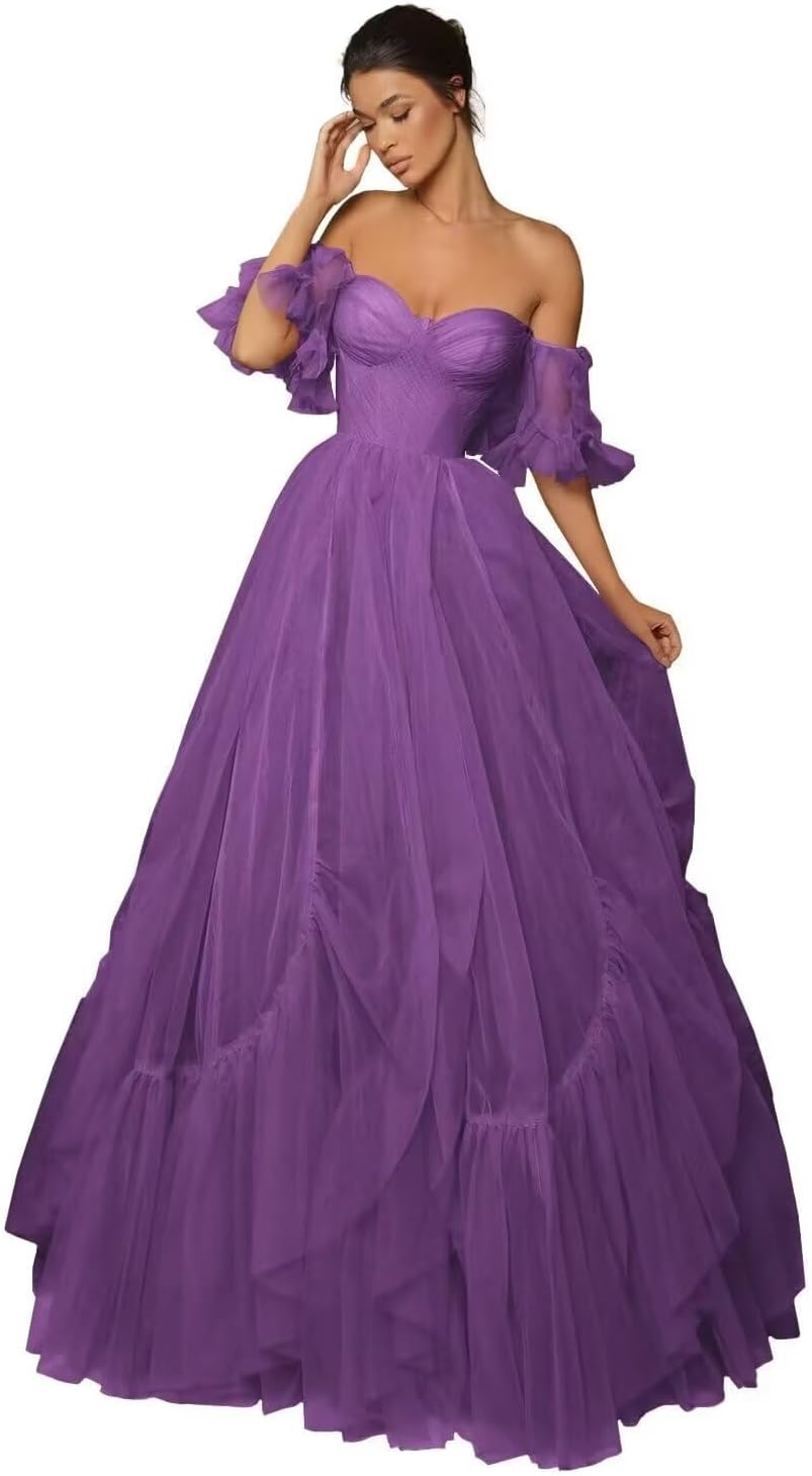 A-line Ruffled Short Sleeve Tulle Prom Dress for Women, Sweetheart Formal Gown Off The Shoulder Long Party Dress