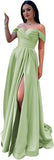 Schulterfreies Satin-Ballkleid, herzförmiger Ausschnitt, formelles Kleid, A-Linie, Abendkleid mit Schlitz 