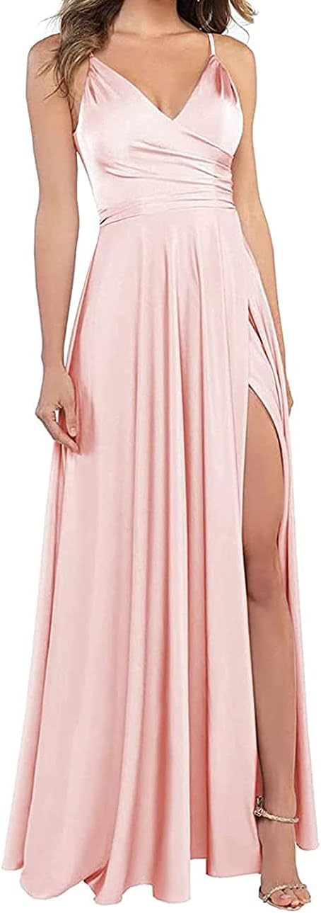 Lange Brautjungfernkleider für Frauen, formelle Satin-Spaghettiträger, Abschlussball- und Abendkleider 