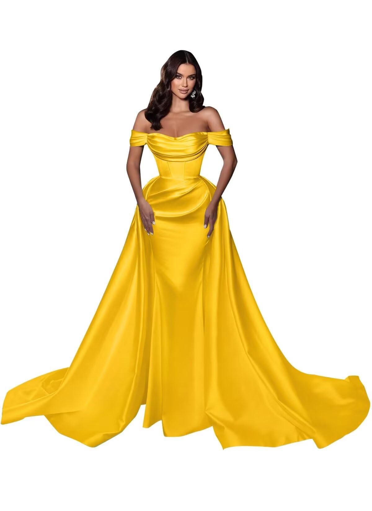 Mermaid Satin Prom Dresses for Women 2027 Long Off Shoulder Ruched Corset Formal Evening Dress Detachable Train