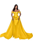 Mermaid Satin Prom Dresses for Women 2027 Long Off Shoulder Ruched Corset Formal Evening Dress Detachable Train
