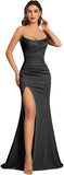 Mermaid Satin Prom Dresses for Women Strapless Sequin Formal Dress 2027 Pleated Evening Party Gowns with Slit