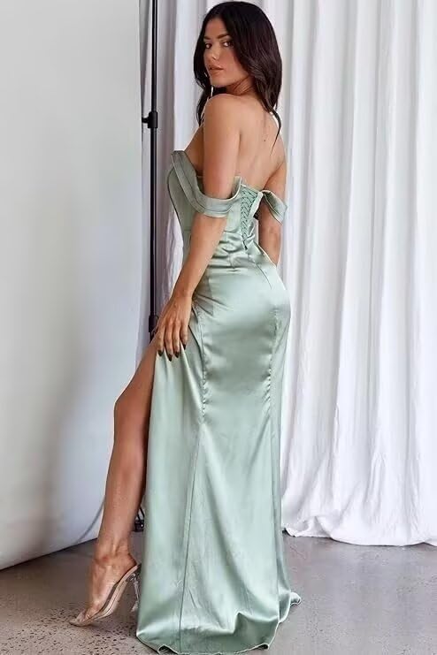 Off Shoulder Mermaid Prom Dresses with Slit 2027 Long Satin Pleated Formal Dress for Women Evening Party