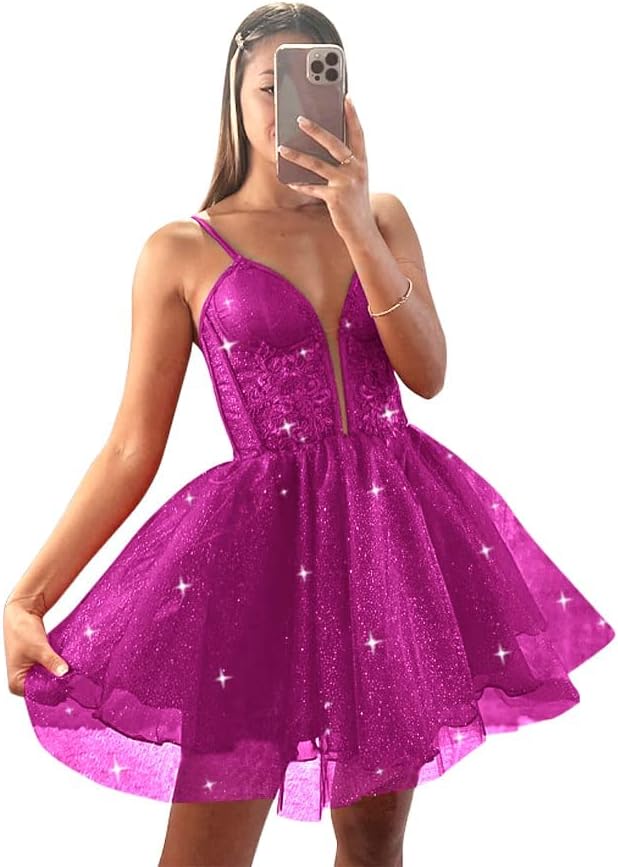 Glitter Tulle Homecoming Dresses for Teens Spaghetti V Neck Short Prom Dresses A Line Mini Cocktail Party Gowns