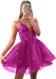 Glitter Tulle Homecoming Dresses for Teens Spaghetti V Neck Short Prom Dresses A Line Mini Cocktail Party Gowns