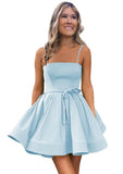 Women’s Short Satin Spaghetti Straps Formal Homecoming Dresses A Line Corset Puffy Prom Gown with Pockets for Teens