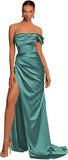 One Shoulder Mermaid Bridesmaid Dresses with Slit 2025 Pleats Satin Formal Evening Gowns for Women