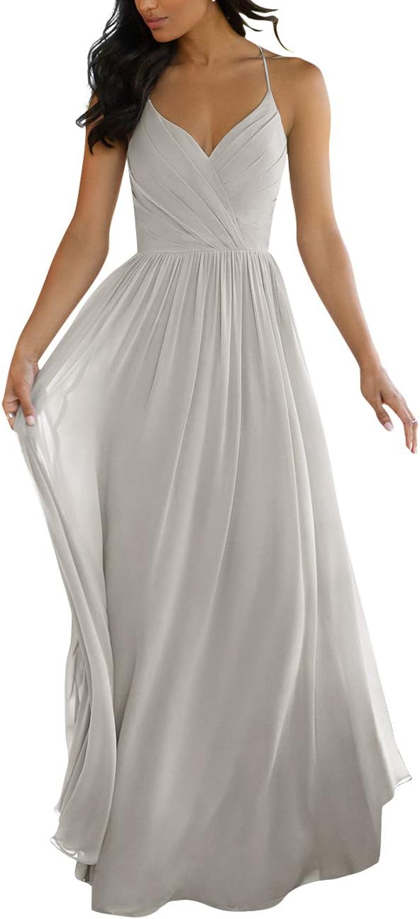 V Neck Bridesmaid Dresses for Women 2025 Long Chiffon Pleated A-line Spaghetti Strap Wedding Evening Prom Gown
