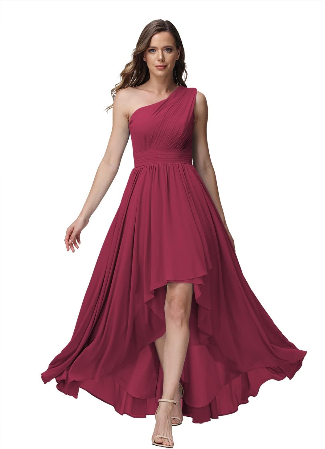 Vestido de dama de honor de un solo hombro para mujer, vestido formal de noche de gasa con bolsillos y corte alto bajo