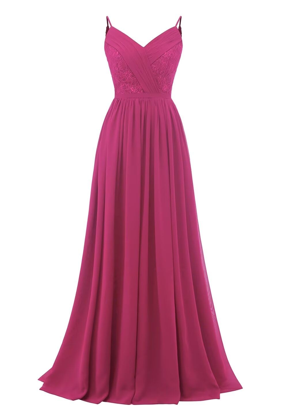 Women's Lace Chiffon Bridesmaid Dresses for Wedding Long Spaghetti Straps Bodice Formal Party Gown with Pockets