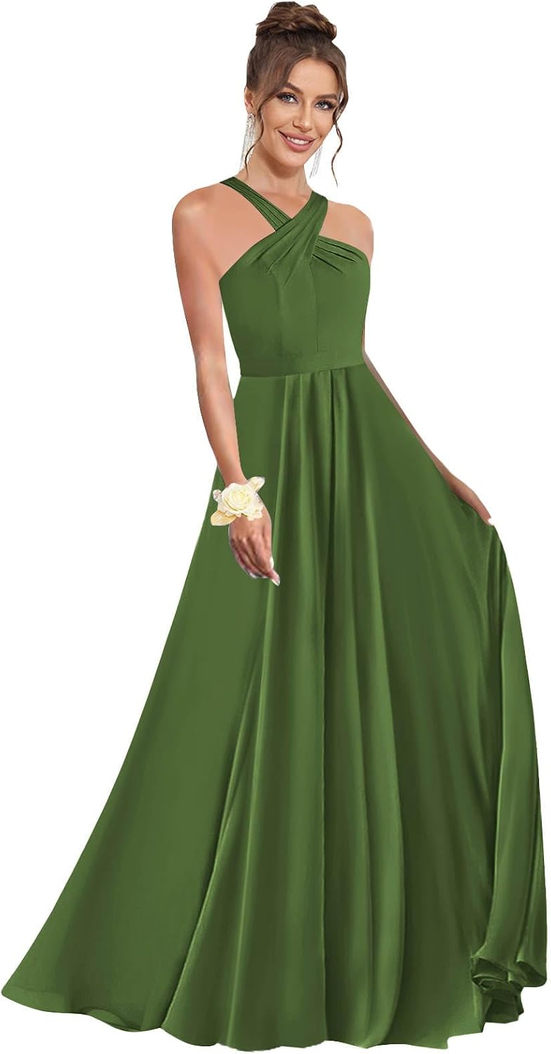 Halter Bridesmaid Dresses for Wedding Chiffon A Line Pleated Long Formal Prom Dress with Belt