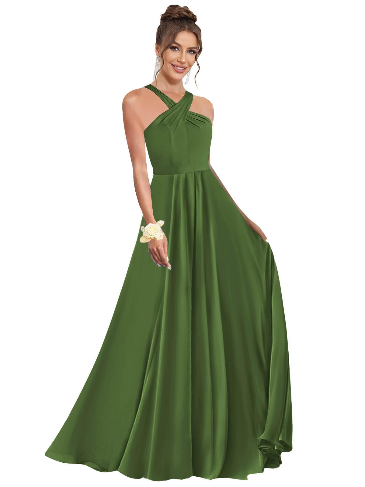 Halter Bridesmaid Dresses for Wedding Chiffon A Line Pleated Long Formal Prom Dress with Belt