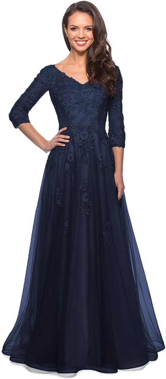 Women's Floral Lace Appliques 3/4 Sleeve Mother of The Bride Dresses Long V Neck Formal Dresses with Pockets