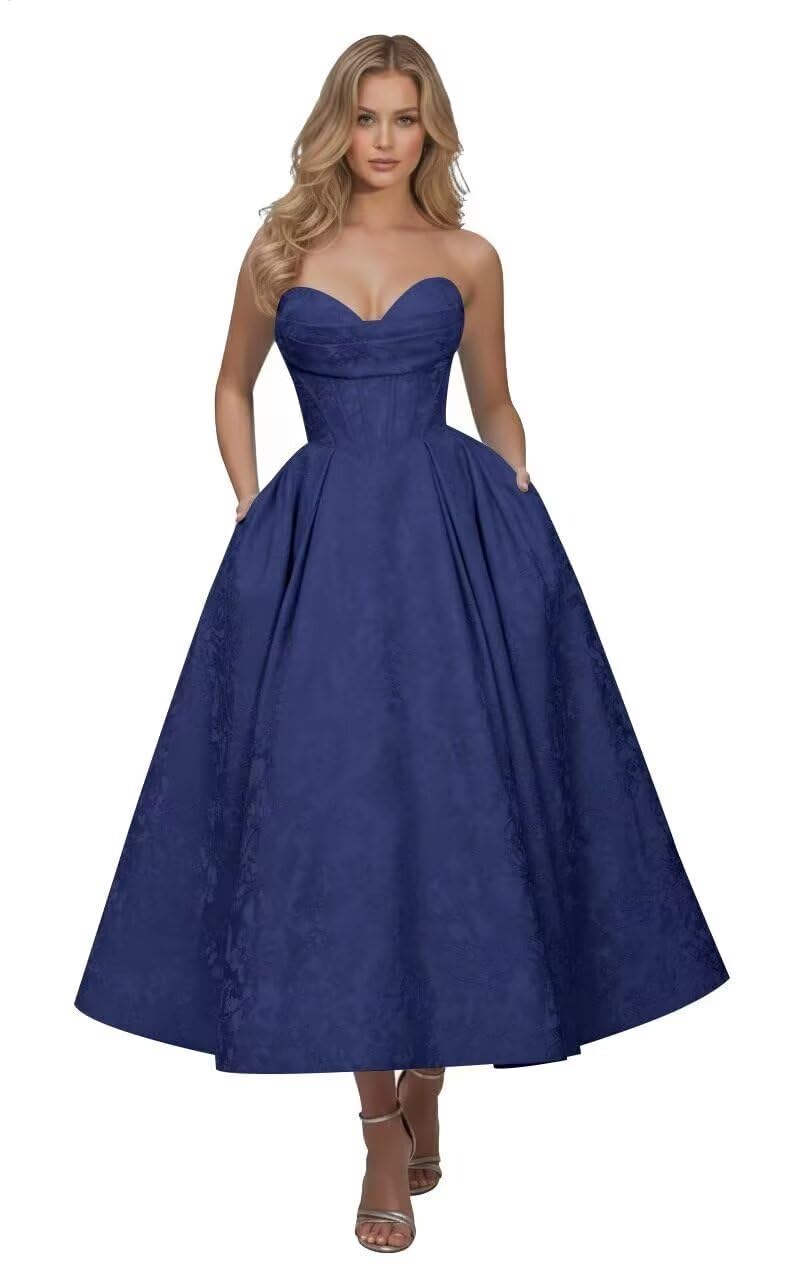 Strapless Floral Satin Prom Dresses for Women 2026 Jacquard Aline Formal Evening Party Dress with Pockets