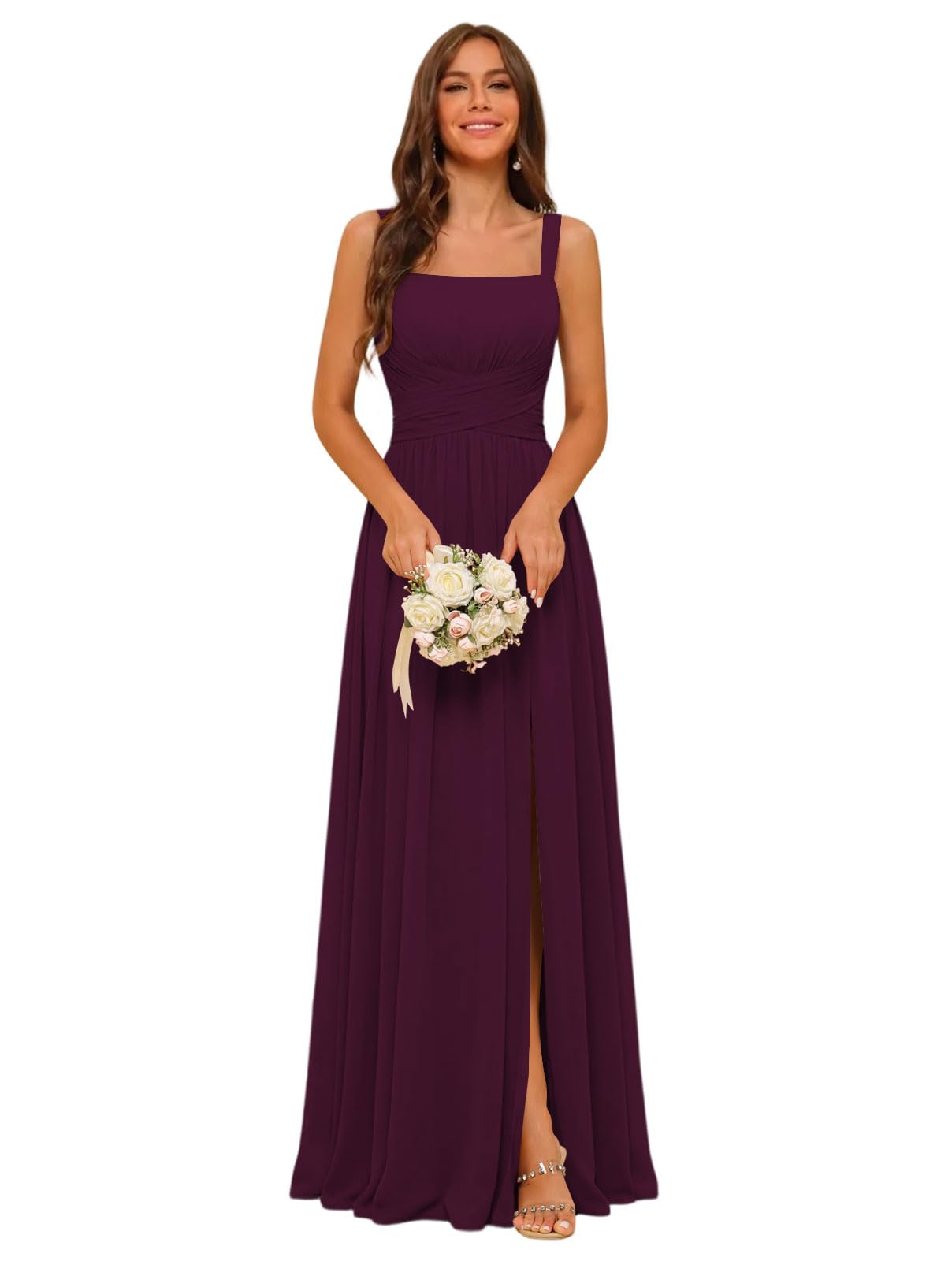 Square Neck Bridesmaid Dress Spaghetti Straps Chiffon Long Formal Dress for Women