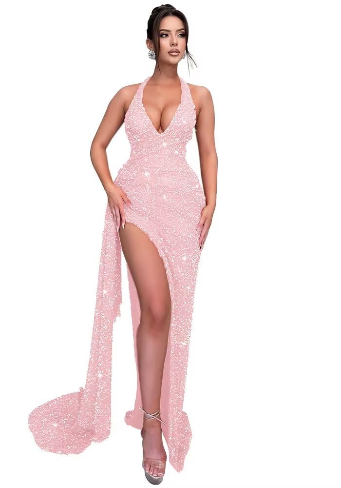 Sparkly Sequin Halter Prom Dresses for Women Mermaid Formal Dress with Slit Backless Ruched Evening Party Gowns