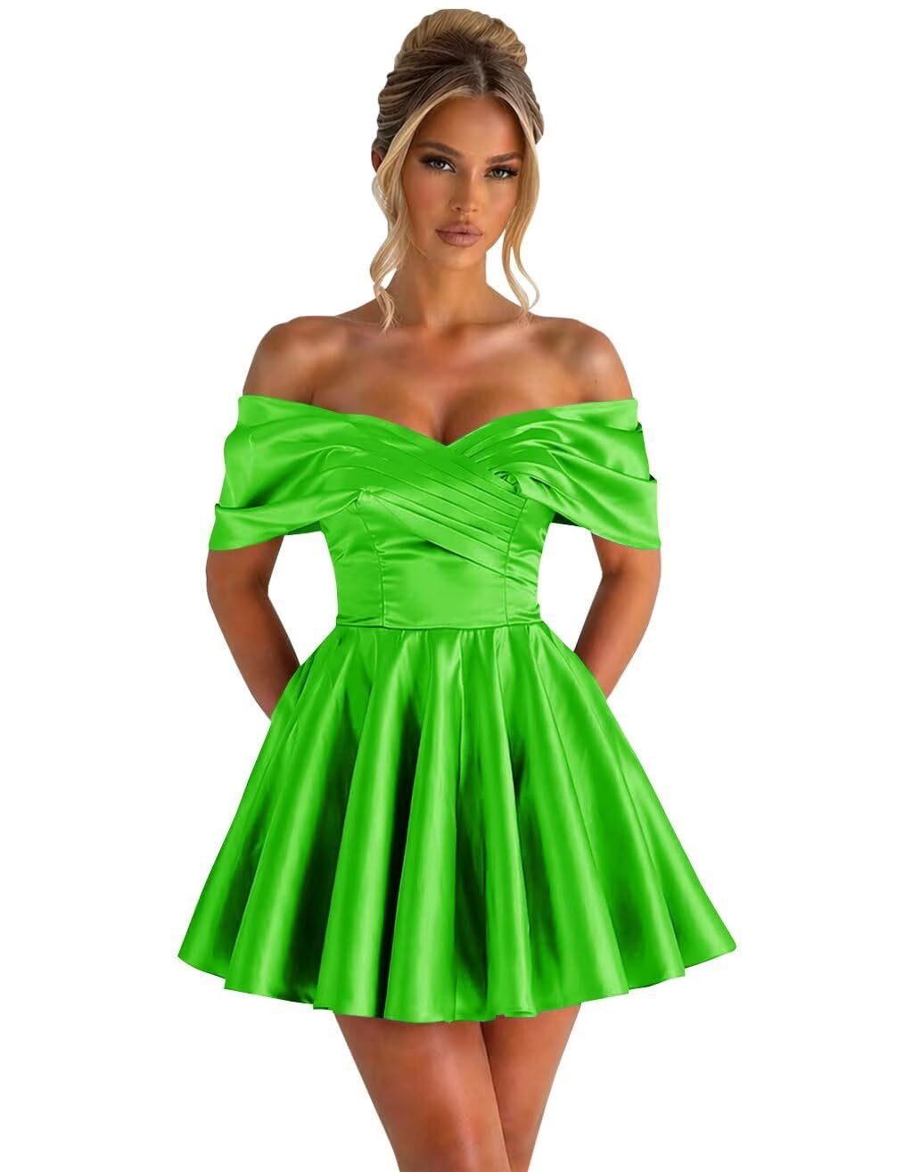 Off Shoulder Satin Homecoming Dresses for Teens 2026 Short Prom Dress A-line Pleated Cocktail Party Gowns