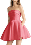 Women's Strapless Satin Short Prom Dresses with Pocket A Line Glitter Homecoming Dress Short Evening Party Ball Gown