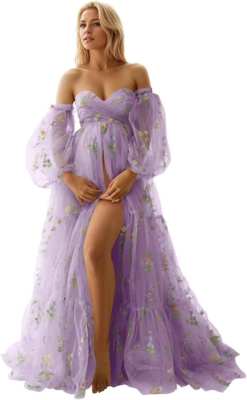 Flower Embroidery Tulle Maternity Dresses for Photoshoot Long Puffy Sleeve Off Shoulder Pregnancy Baby Shower Dress