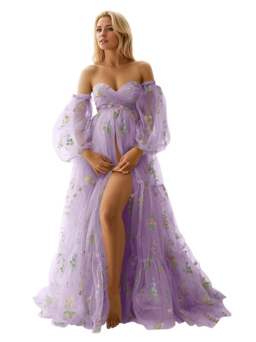Kingbridal Gowns Flower Embroidery Tulle Maternity Dresses for Photoshoot Long Puffy Sleeve Off Shoulder Pregnancy Baby Shower Dress