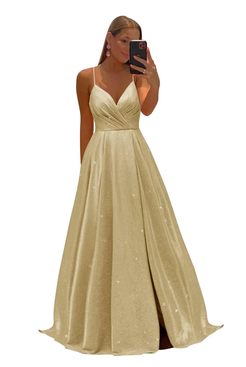 Women's Spaghetti Straps Prom Dresses Long V-Neck Sparkling Bridesmaid Dresses Formal Evening Gowns with High Slit