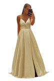 Women's Spaghetti Straps Prom Dresses Long V-Neck Sparkling Bridesmaid Dresses Formal Evening Gowns with High Slit