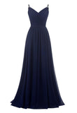 Women's Lace Chiffon Bridesmaid Dresses for Wedding Long Spaghetti Straps Bodice Formal Party Gown with Pockets