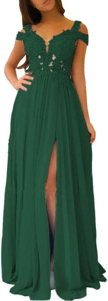 Women's Lace Appliques Prom Dresses Long with Slit Cold Shoulder Formal Party Gown