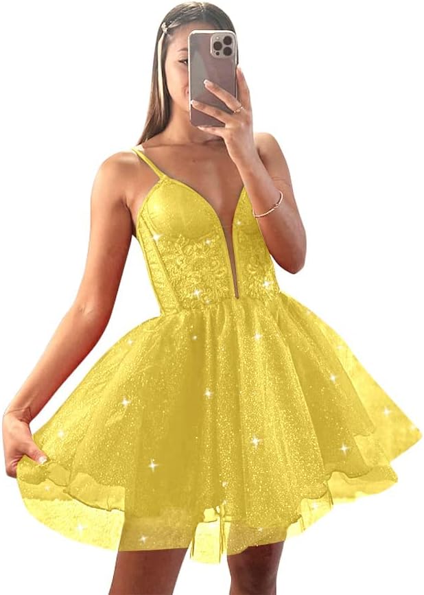 Glitter Tulle Homecoming Dresses for Teens Spaghetti V Neck Short Prom Dresses A Line Mini Cocktail Party Gowns