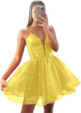 Glitter Tulle Homecoming Dresses for Teens Spaghetti V Neck Short Prom Dresses A Line Mini Cocktail Party Gowns