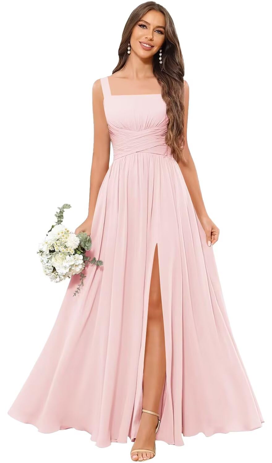 Kingbridal Chiffon A-line Bridesmaid Dresses for Women 2027 Long Square Neck Pleated Formal Evening Party Dress with Slit
