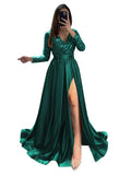 Long Sleeve Sequin Prom Dresses for Women 2027 Satin Formal Dress Sparkly Slit Evening Party Gown with Pocket